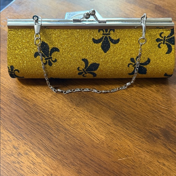 Handbags - Gold and Black Sparkles Fleur de Lis Clutch Bag mini Gold NEW Silver Chain purse